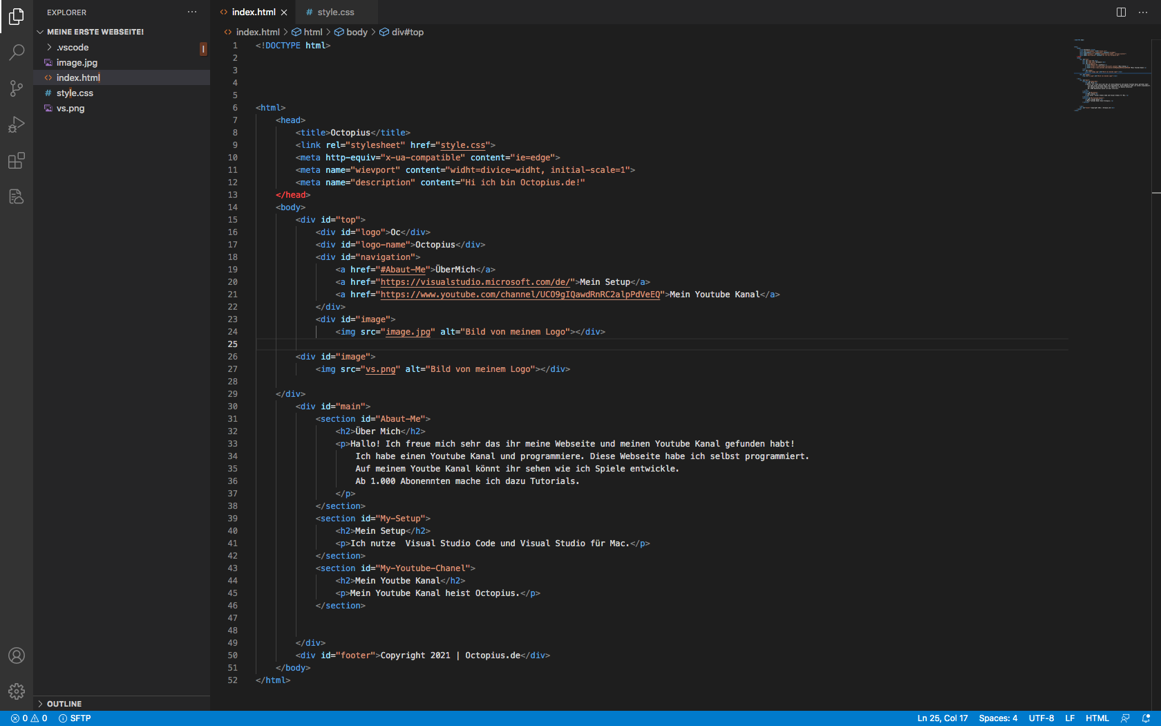 Ausschnit wo ich meine Webseite Code.